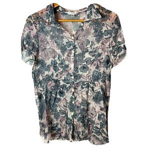 CAbi Silk Floral Butterfly Sheer Button Blouse 936 Size XL Short Sleeve